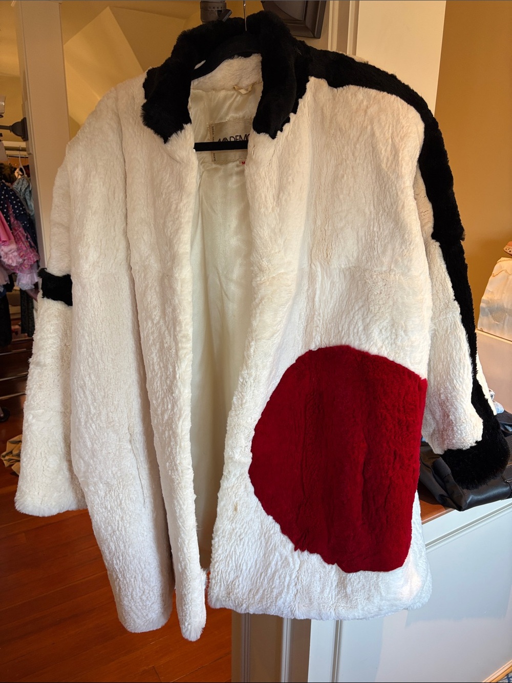 Plush Colorblock Teddy Jacket in White, Red & Black